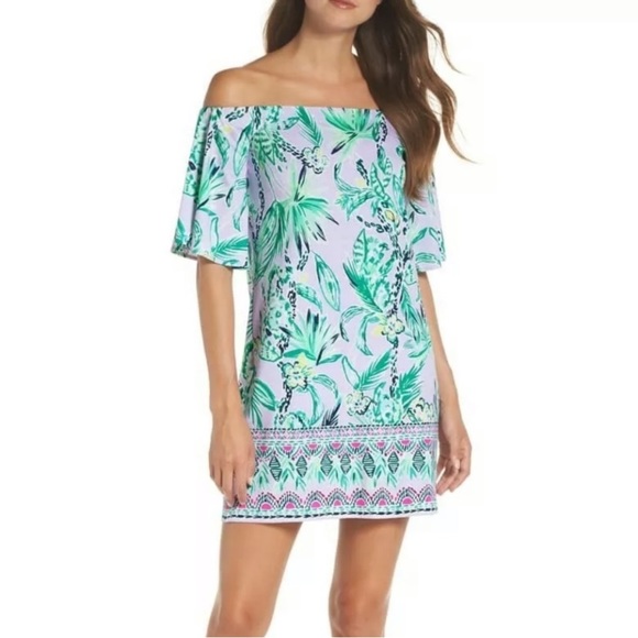 NWT Lilly Pulitzer Fawcett Off the Shoulder Dress in Light Lilac Verbena… - Picture 1 of 12